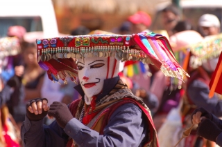 One of the brightly coloured dancers at the festival in Ollantaytambo - as yet, we're none the wiser about what it all means