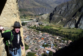 Looking down on old Ollantaytambo from the Inca granaries, the restored Inca terraces and temples on the other hillside